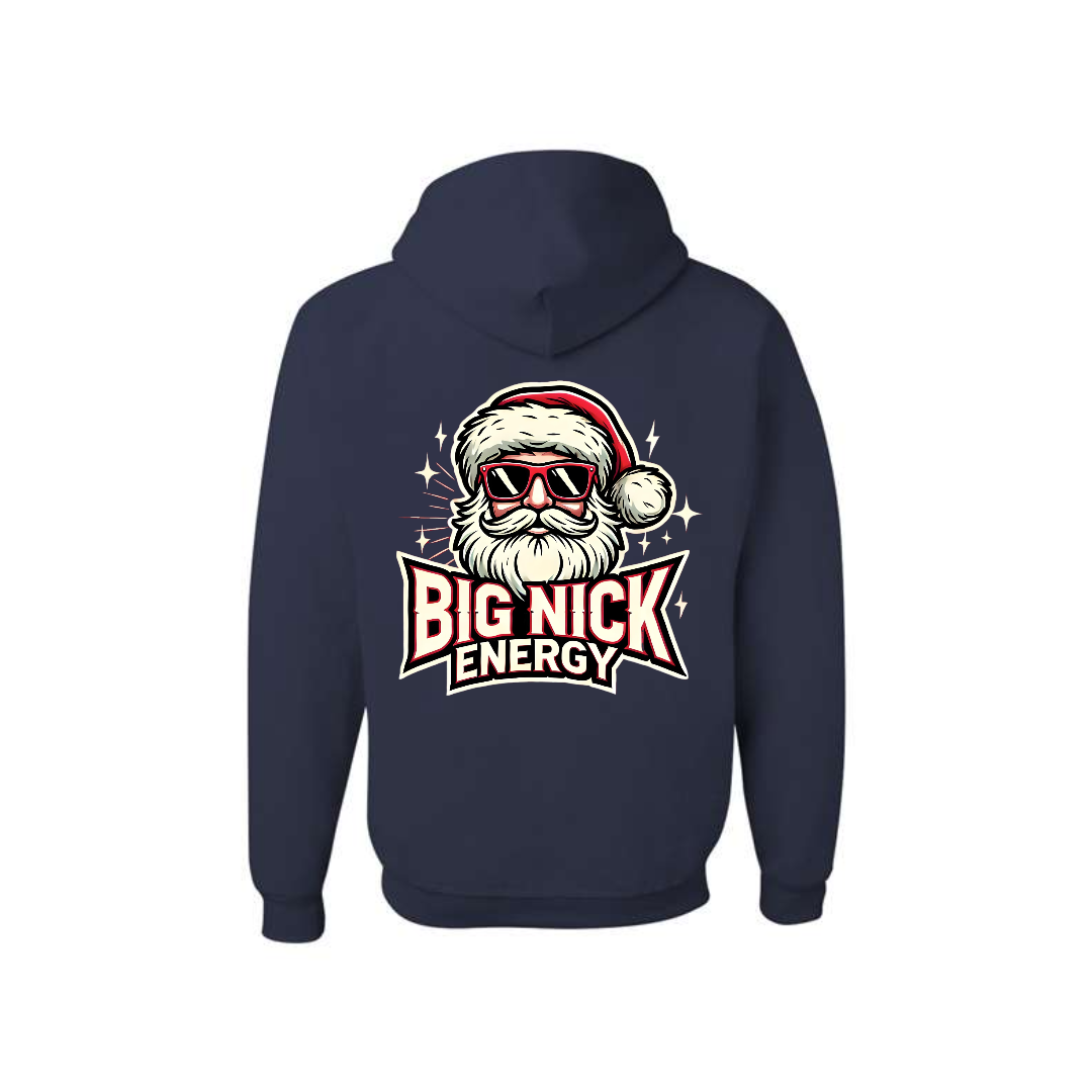 J. Navy Big Nick Energy graphic hoodie, back view showing the Santa skull Christmas graphic.