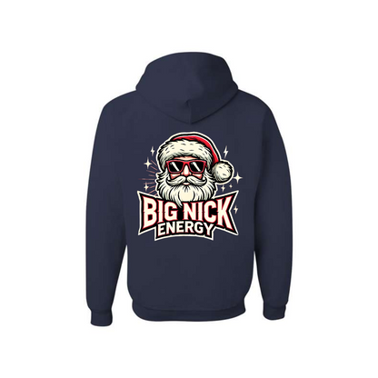 J. Navy Big Nick Energy graphic hoodie, back view showing the Santa skull Christmas graphic.