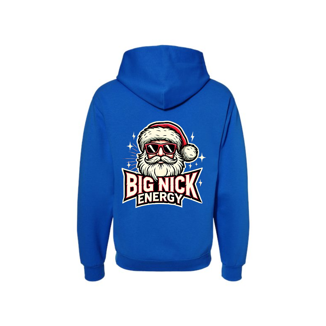 Royal Big Nick Energy graphic hoodie, back view showing the Santa skull Christmas graphic.