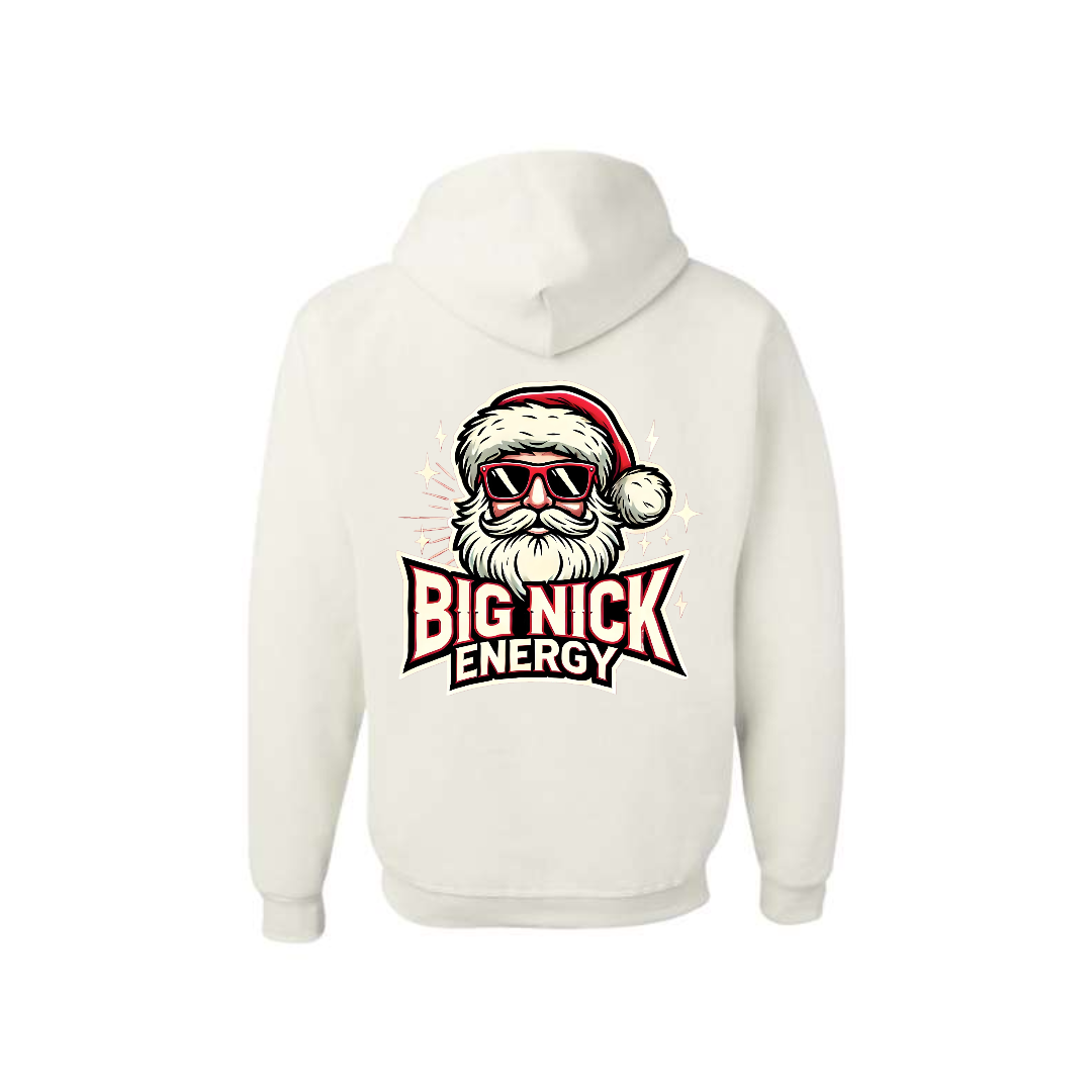 White Big Nick Energy graphic hoodie, back view showing the Santa skull Christmas graphic.