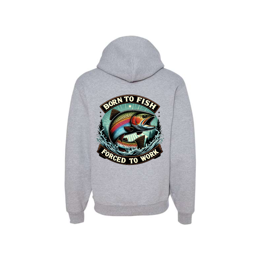 Athletic Heather Born to Fish Forced to Work graphic hoodie, back view showing the fishing graphic.