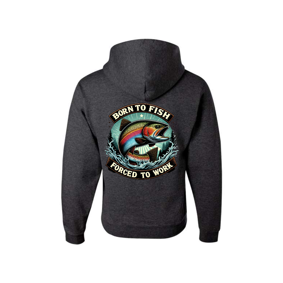 Heather Black Born to Fish Forced to Work graphic hoodie, back view showing the fishing graphic.