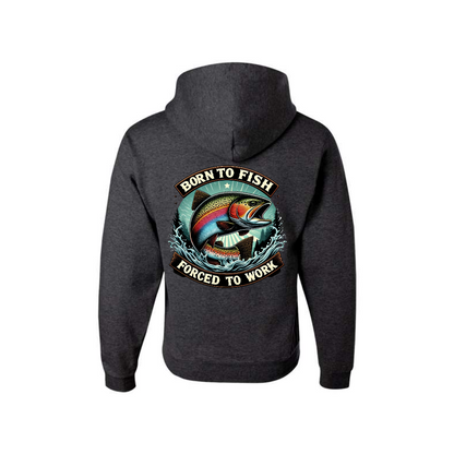 Heather Black Born to Fish Forced to Work graphic hoodie, back view showing the fishing graphic.