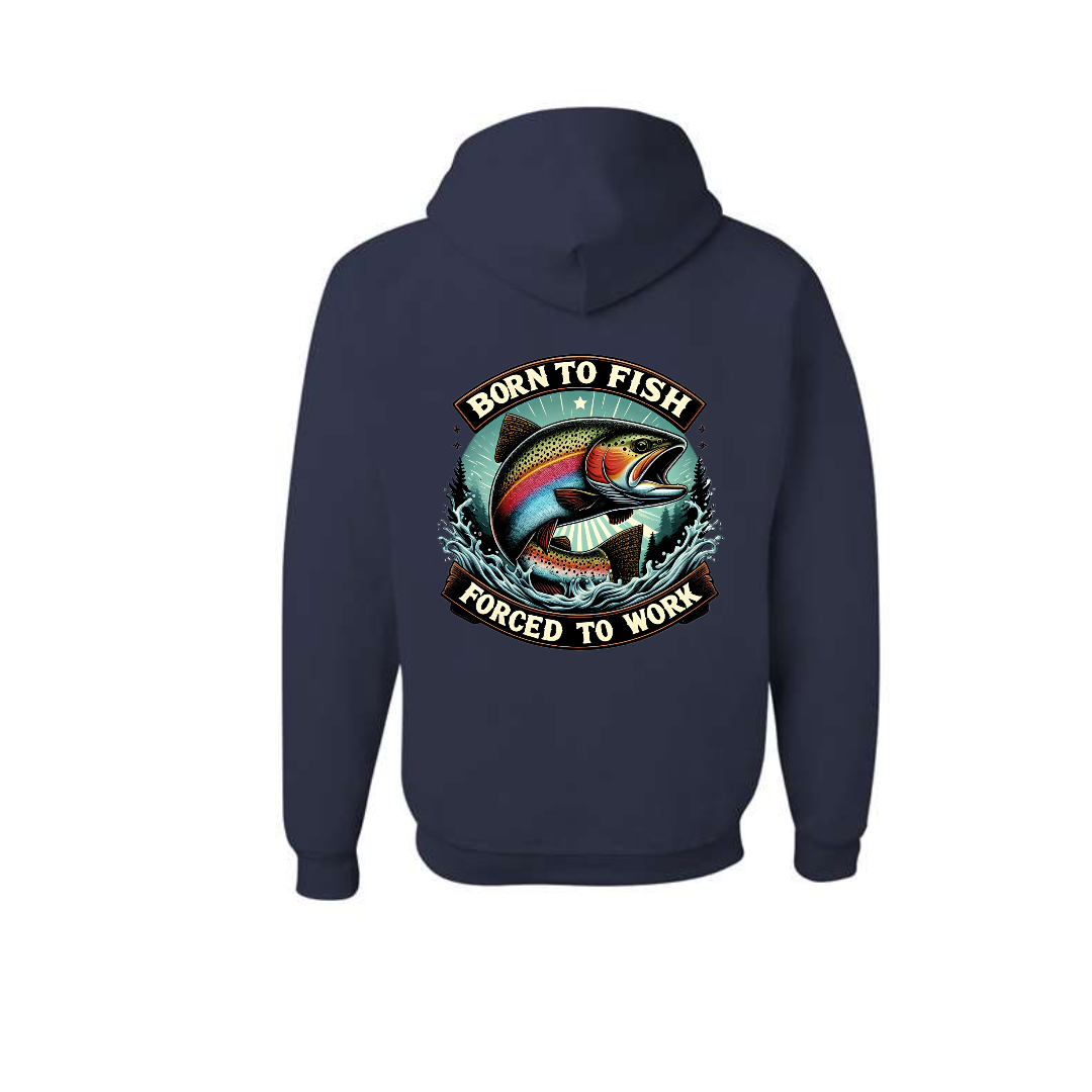 J. Navy Born to Fish Forced to Work graphic hoodie, back view showing the fishing graphic.