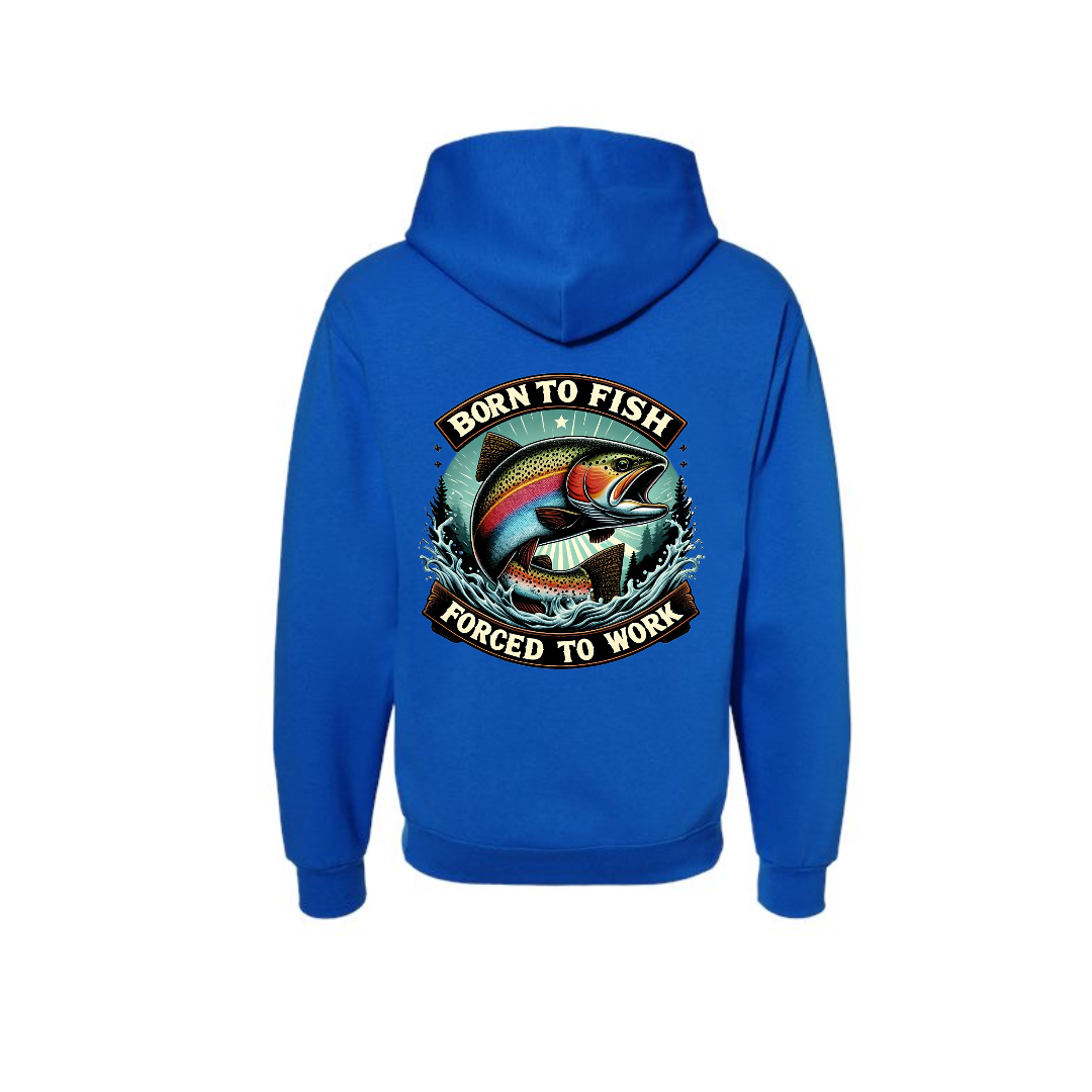 Royal Born to Fish Forced to Work graphic hoodie, back view showing the fishing graphic.