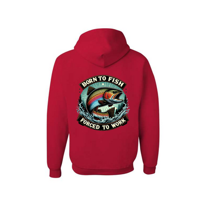 True Red Born to Fish Forced to Work graphic hoodie, back view showing the fishing graphic.