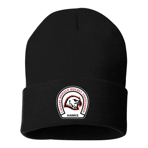 Black cuffed toque with Calgary Hawks crest on the folded cuff