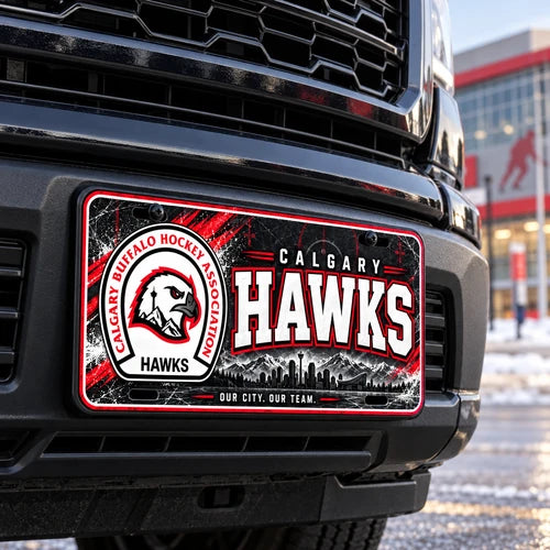 Mockup of the Calgary Hawks red, black and white novelty license plate mounted on the front of a black pickup truck