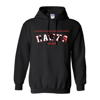 Black Calgary Hawks hoodie with Hawks chest design