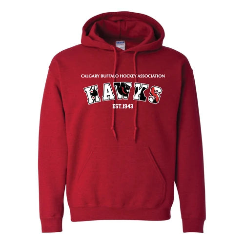 Red Calgary Hawks hoodie with Hawks chest design