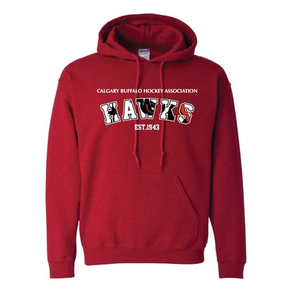 Red Calgary Hawks hoodie with Hawks chest design
