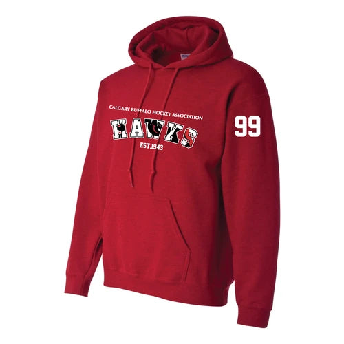Red Calgary Hawks hoodie showing optional player number 99 on the sleeve
