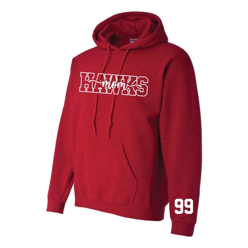 Red Calgary Hawks Mom hoodie showing optional player number 99 on the sleeve