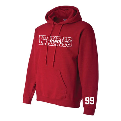 Red Calgary Hawks Mom hoodie showing optional player number 99 on the sleeve