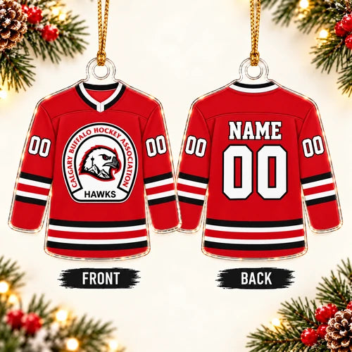 Front and back of a personalized red Calgary Hawks acrylic hockey jersey ornament with the team crest, player name and number
