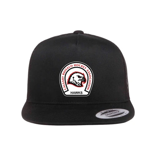 Black Yupoong 6006 flat brim trucker hat with Calgary Hawks crest