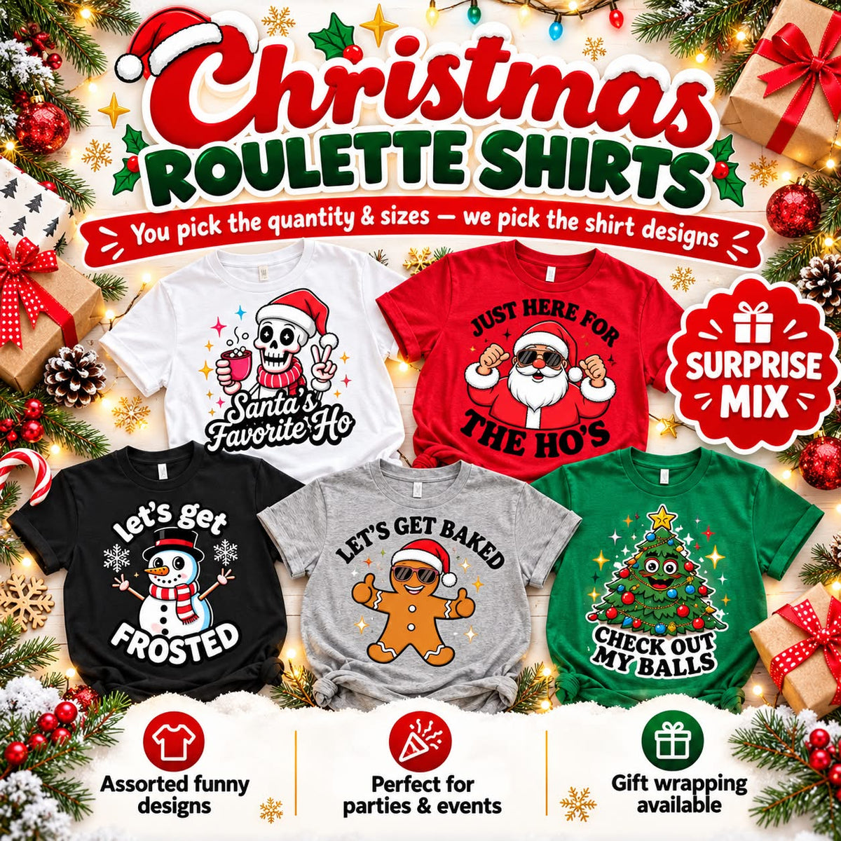 Assorted Christmas Roulette party T-shirts with funny Santa, snowman, gingerbread and Christmas tree designs.
