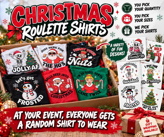 Christmas Roulette Shirts with assorted funny holiday designs, customer-selected quantities and sizes, and optional gift wrapping.