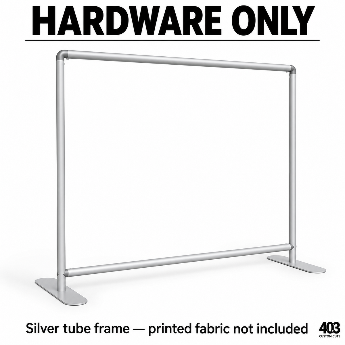 Silver tube frame mockup for an 8 ft by 8 ft tension-fabric backdrop with rounded top corners and flat feet, fabric not included