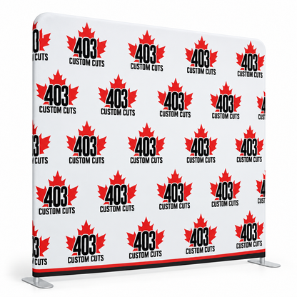 8 ft by 8 ft 403 Custom Cuts tension-fabric backdrop mockup with a slip-over sleeve covering the silver tube frame