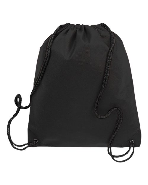 Black drawstring backpack, front view showing the plain fabric panel and cord straps.