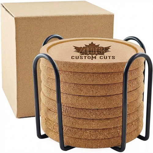 Eight cork coasters in a black wire holder beside a gift box, showing the engraved 403 Custom Cuts logo.