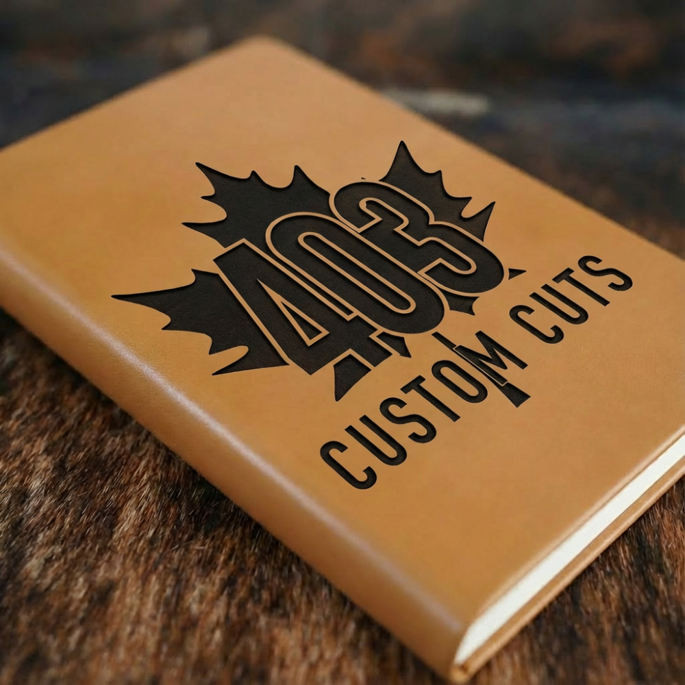 Buckskin leatherette journal with the engraved 403 Custom Cuts maple leaf logo on the cover.