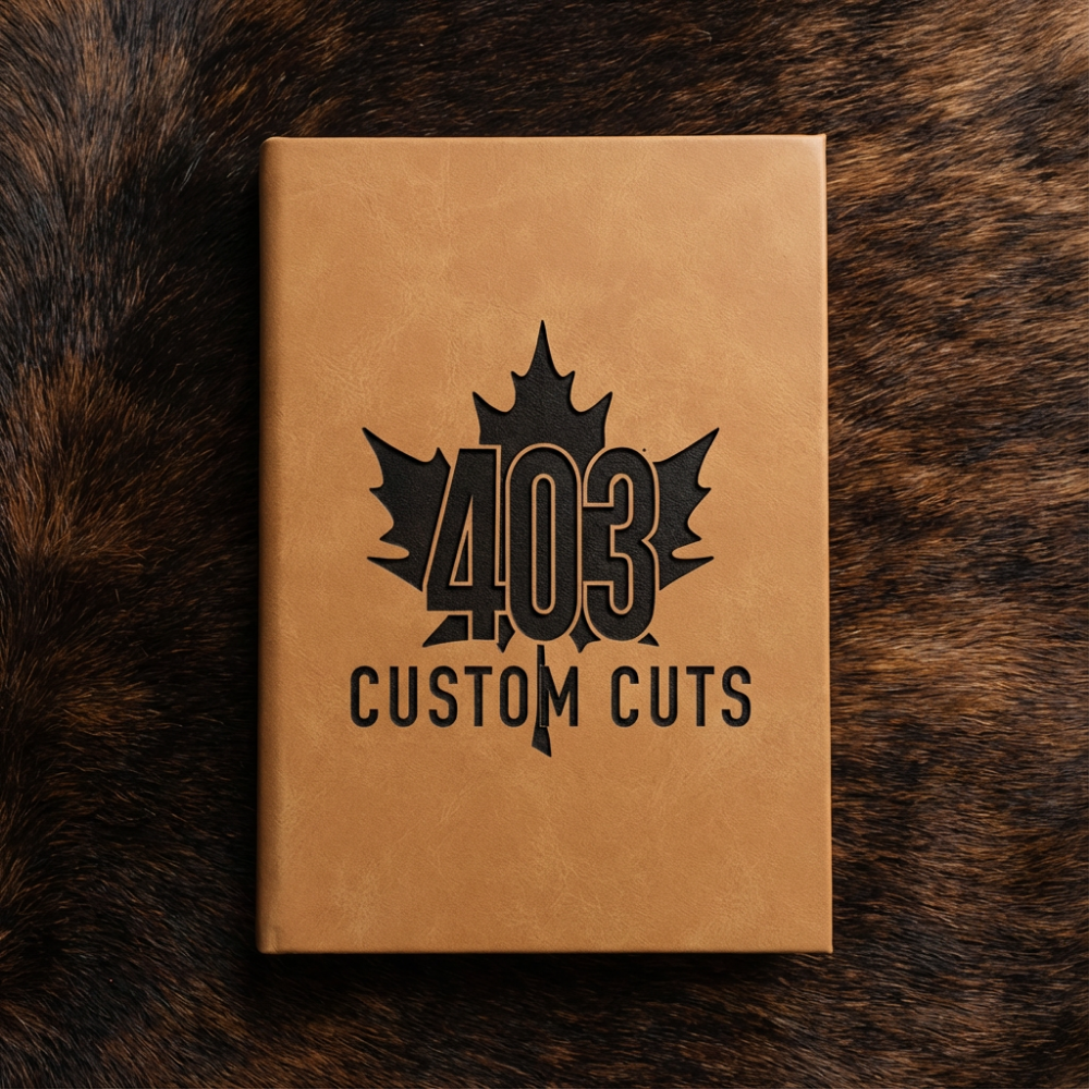 Saddle Tan leatherette journal with the engraved 403 Custom Cuts maple leaf logo on the cover.