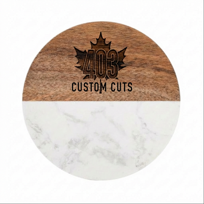 Round marble and wood coaster with an engraved 403 Custom Cuts logo.
