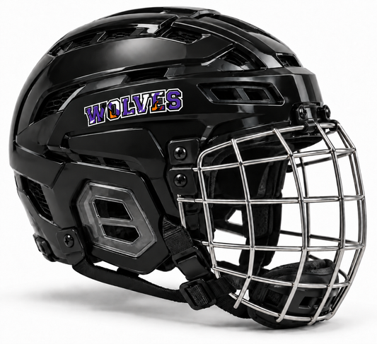 Black hockey helmet with a custom purple Wolves team logo UV sticker outlined in white, shown in a side-angle mockup by 403 Custom Cuts.