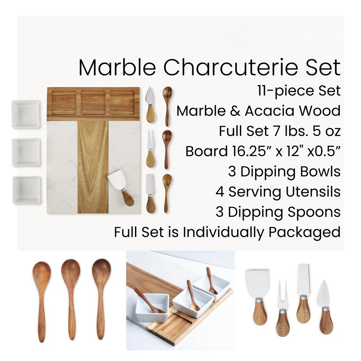 Marble and wood charcuterie set diagram showing the board, cheese tools, dipping bowls and spoons.
