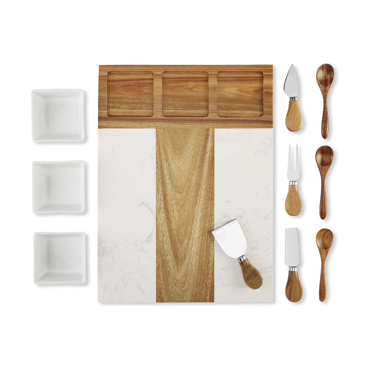 Marble and wood charcuterie board set arranged flat with cheese tools, dipping bowls and spoons.