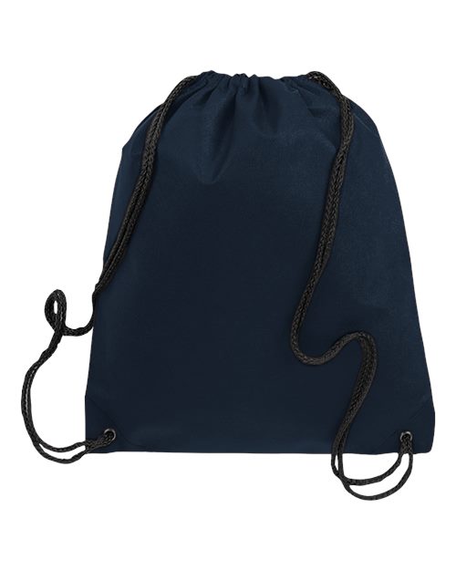 Navy drawstring backpack, front view showing the plain fabric panel and cord straps.