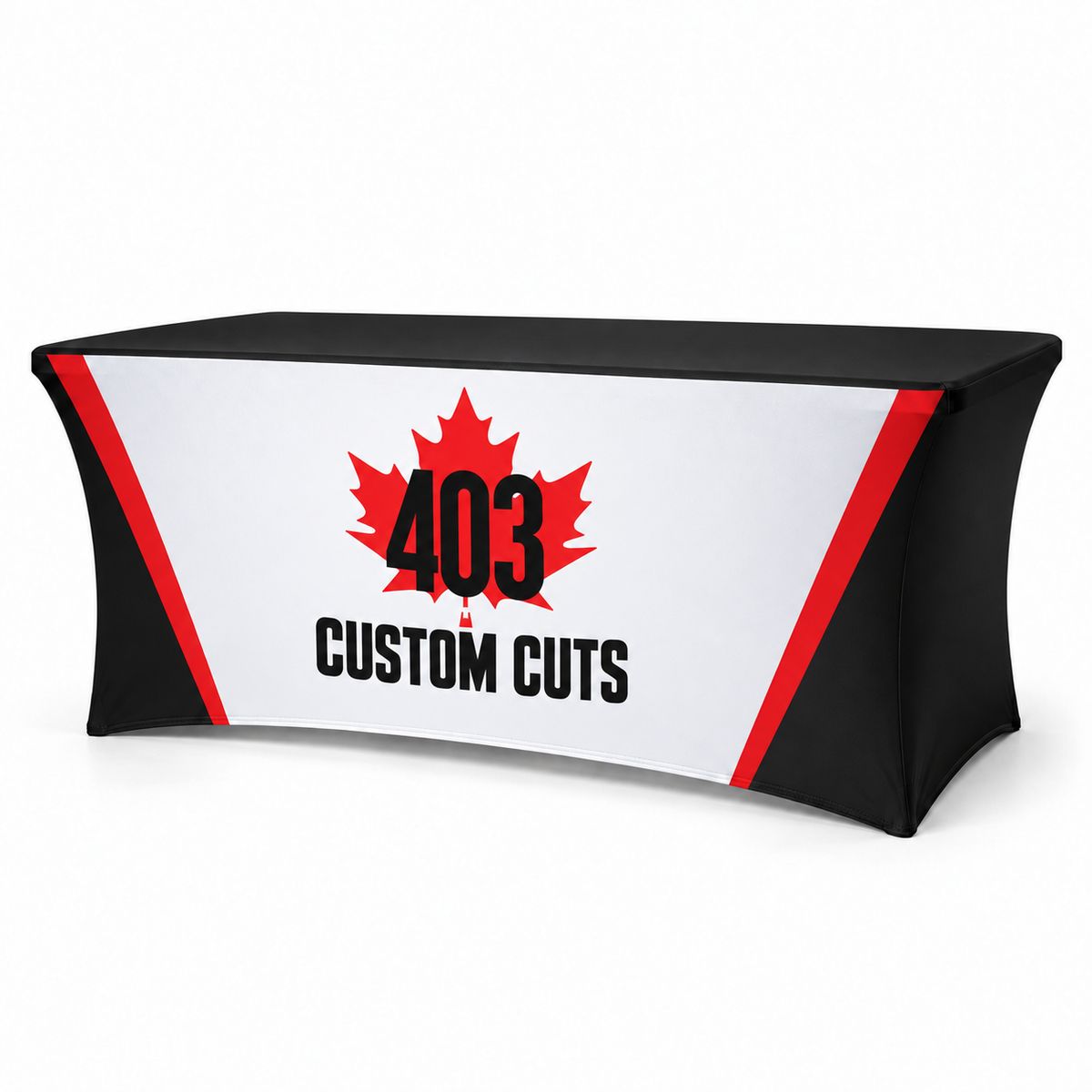 Studio mockup of a custom stretch table cover with the 403 Custom Cuts logo and red, black and white branding