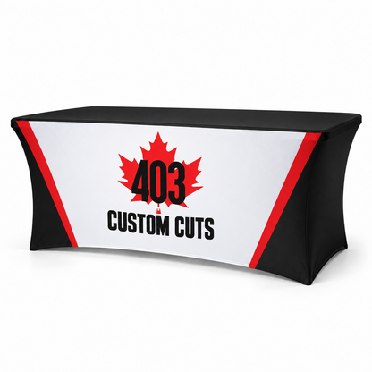 Studio mockup of a custom stretch table cover with the 403 Custom Cuts logo and red, black and white branding