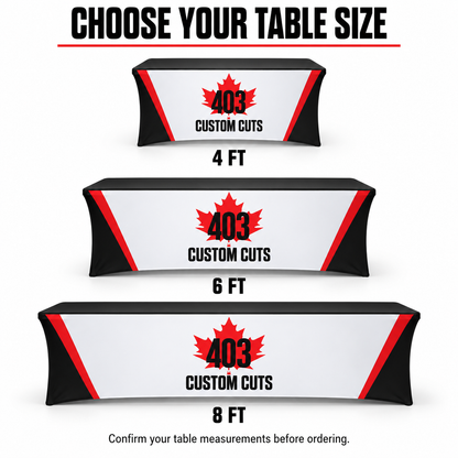 Illustrated comparison of 4 ft, 6 ft and 8 ft custom stretch table covers with 403 Custom Cuts branding