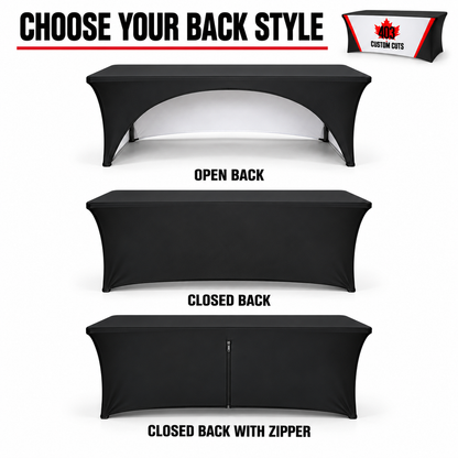 Illustrated stretch table-cover comparison showing open back, closed back and closed back with zipper