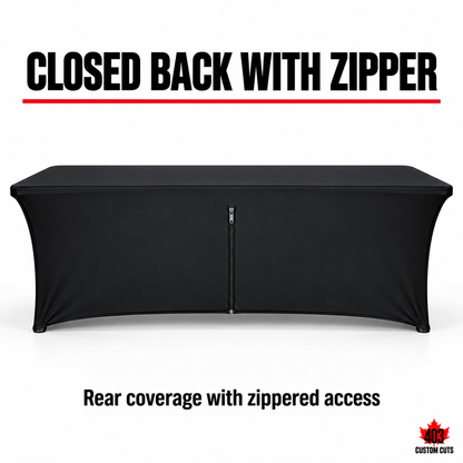Closed-back stretch table-cover mockup with a vertical rear zipper for access