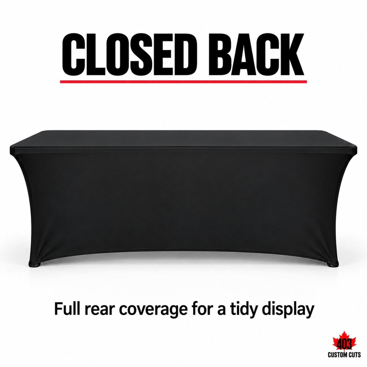 Closed-back stretch table-cover mockup showing full black rear coverage
