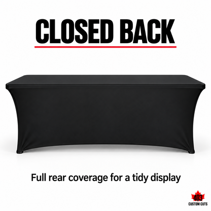 Closed-back stretch table-cover mockup showing full black rear coverage