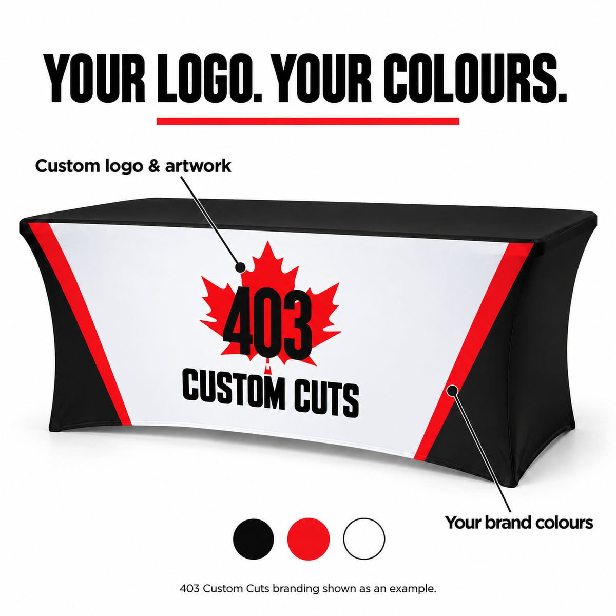 Custom logo and brand-colour illustration for a stretch table cover using 403 Custom Cuts branding