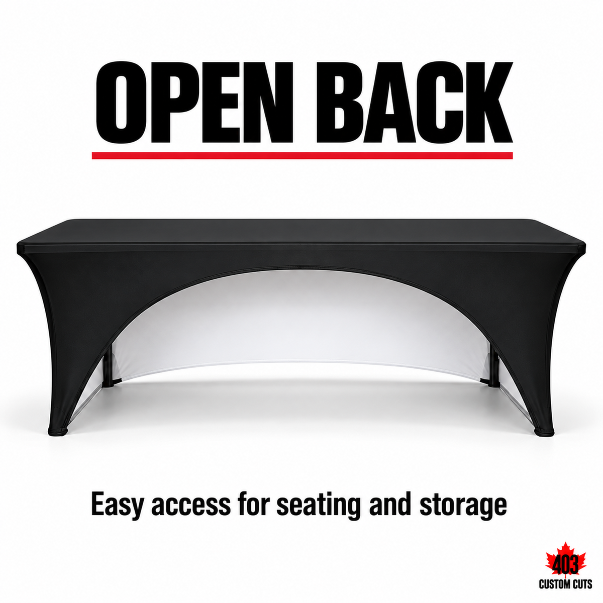 Open-back stretch table-cover mockup with an arched rear opening for seating and storage access