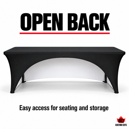 Open-back stretch table-cover mockup with an arched rear opening for seating and storage access