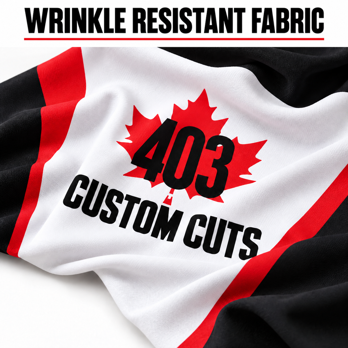 403 Custom Cuts stretch table-cover fabric mockup with the heading Wrinkle Resistant Fabric