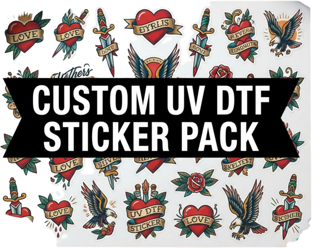 Custom UV DTF sticker pack preview showing assorted colourful sticker designs.