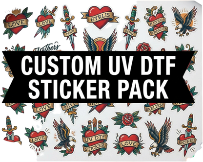 Custom UV DTF sticker pack preview showing assorted colourful sticker designs.