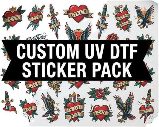 Custom UV DTF sticker pack preview showing assorted colourful sticker designs.