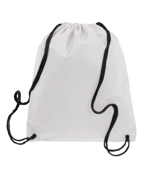 White drawstring backpack, front view showing the plain fabric panel and black cord straps.