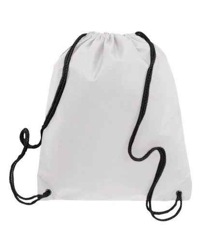 White drawstring backpack, front view showing the plain fabric panel and black cord straps.