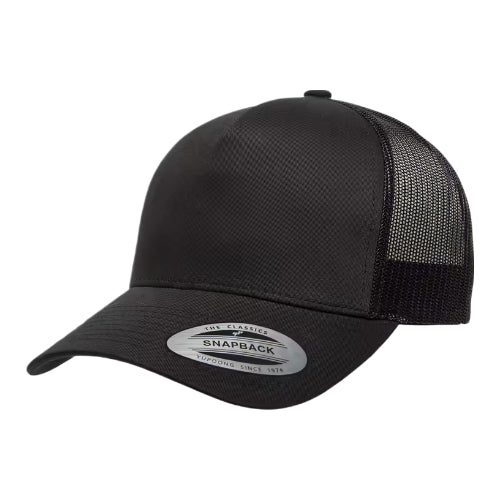 Custom Yupoong 6506 Retro Trucker Hat in black featuring professional branding by 403 Custom Cuts in Calgary.